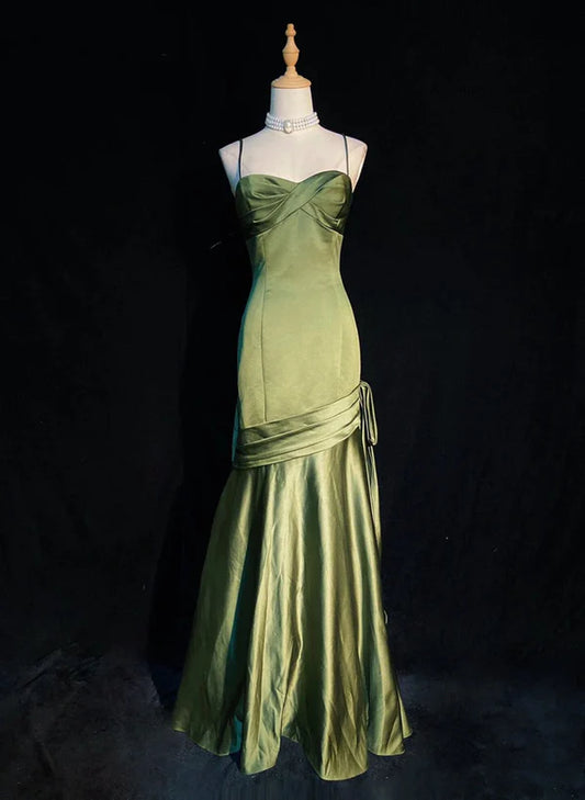 Green Satin Sweetheart Straps Long Evening Prom Dress