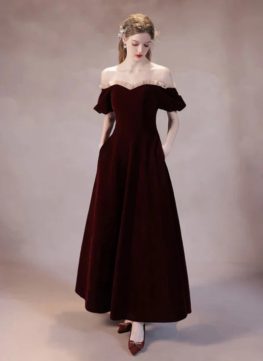 Wine Red Velvet Long A-line Off Shoulder Prom Dress