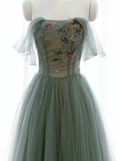 Green A-line Tulle with Lace Applique Long Formal Dress