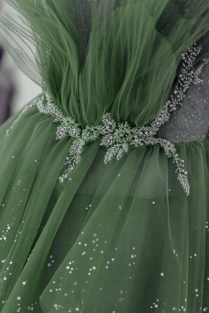 Glam Green Layers Tulle Straps Beaded Long Party Prom Dress