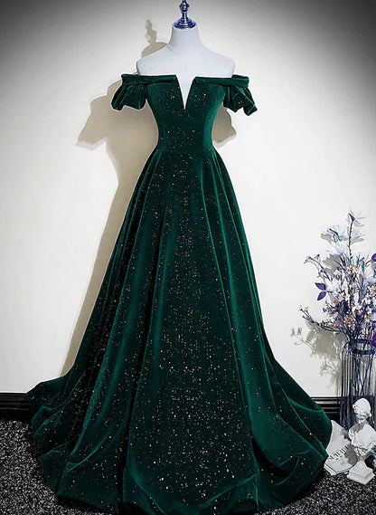 Dark Green Velvet Off Shoulder Long Party Prom Dress