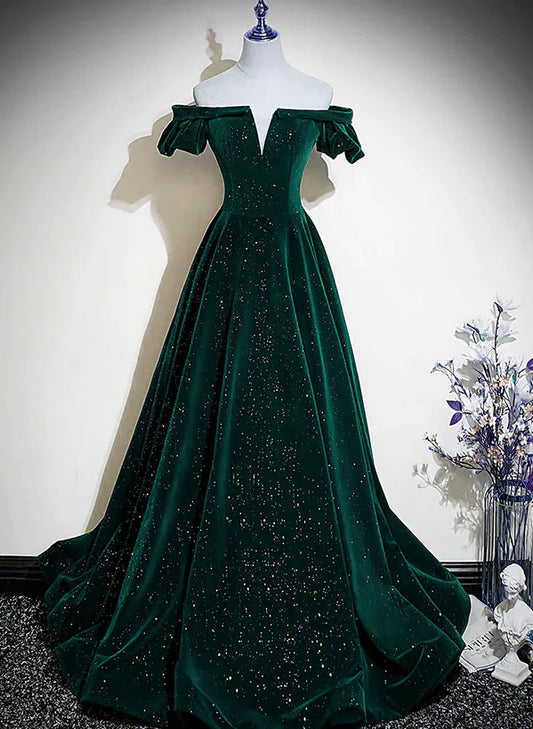 Dark Green Velvet Off Shoulder Long Party Prom Dress
