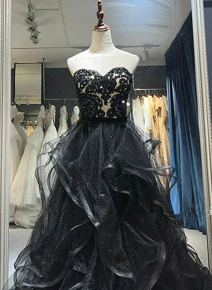 Black Sweetheart Tulle Layers Long Party Prom Dress