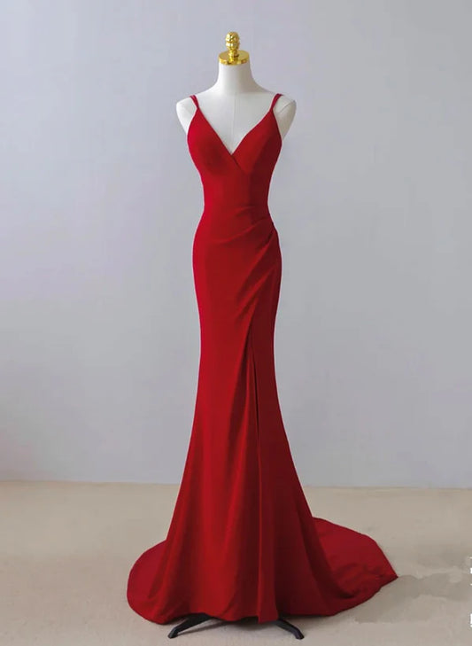 Pretty Red Mermaid Straps Long Evening Prom Dress with Leg Slit
