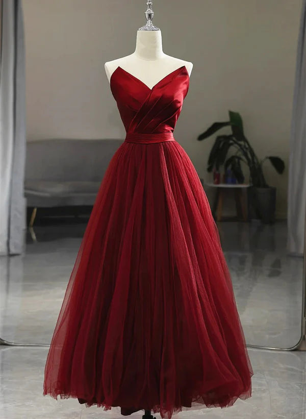 Wine Red Tea Length Tulle V-neckline Prom Dress