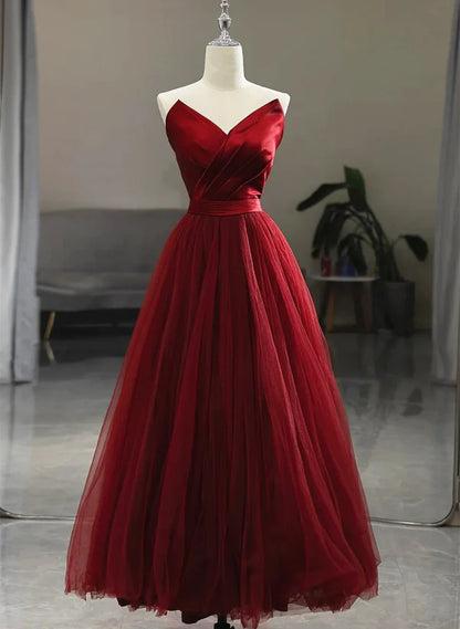 Wine Red Tea Length Tulle V-neckline Prom Dress