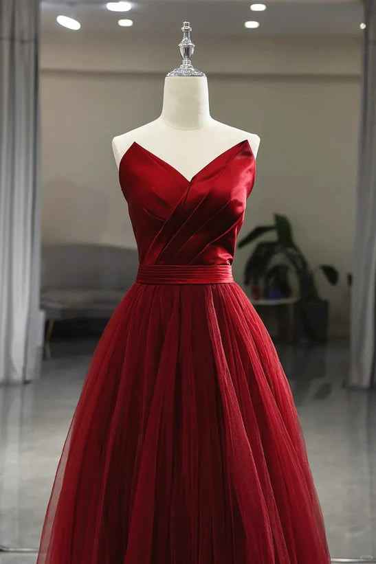 Wine Red Tea Length Tulle V-neckline Prom Dress