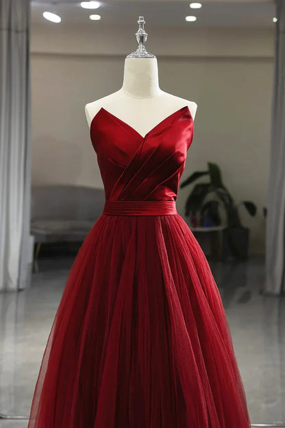 Wine Red Tea Length Tulle V-neckline Prom Dress