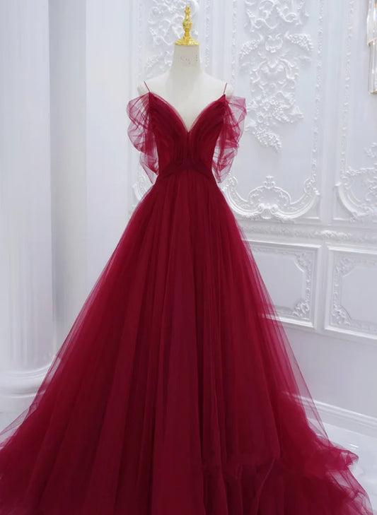 Wine Red Tulle V-neckline Long Party Prom Dress