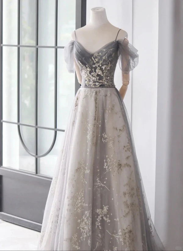 Light Grey Tulle A-line Straps Long Party Prom Dress