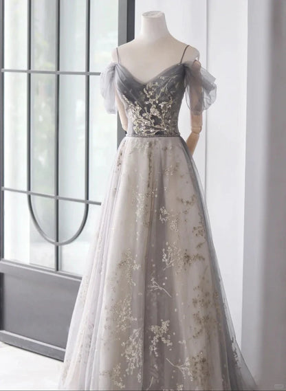 Light Grey Tulle A-line Straps Long Party Prom Dress