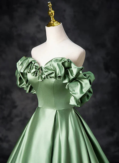 A-line Green Satin Off Shoulder Long Prom Dress