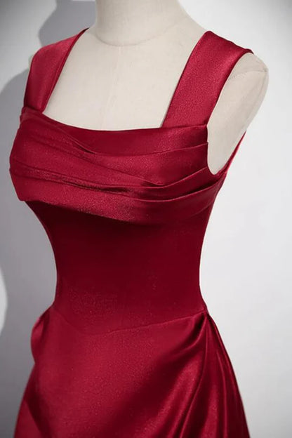 Wine Red Straps Satin Scoop Floor Length Prom Dress