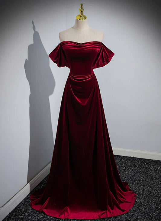 A-line Wine Red Velvet Sweetheart Wedding Party Prom Dress