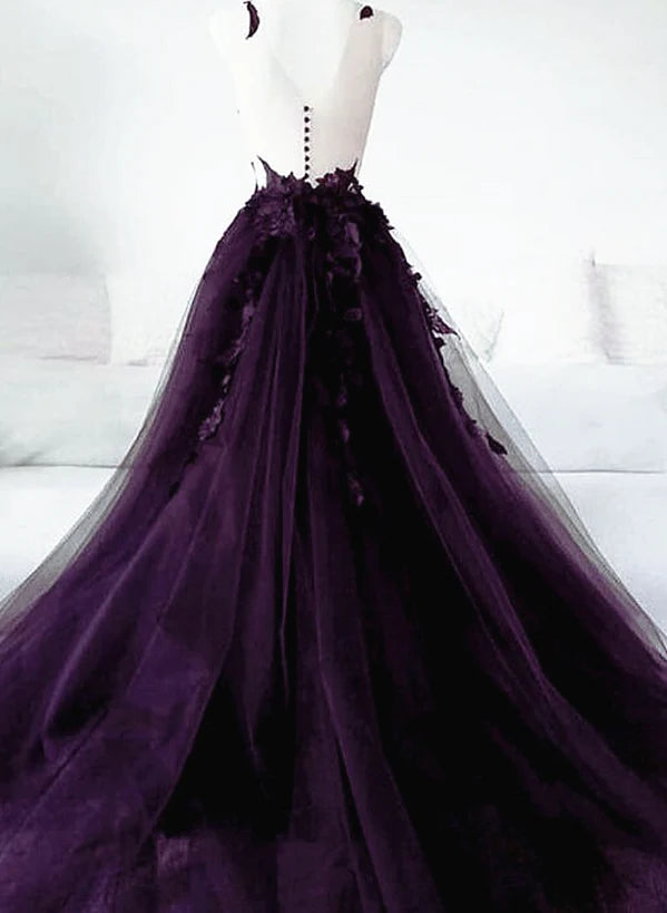 Dark Purple Tulle with Lace Applique Formal Dress