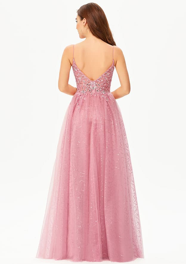 A-line V Neck Sleeveless Tulle Satin Floor-Length Prom Dress