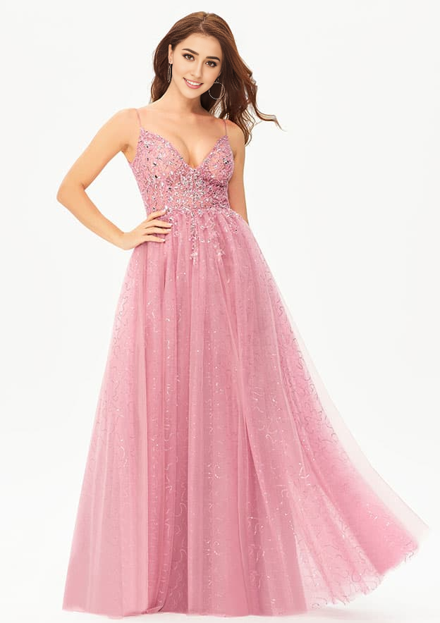 A-line V Neck Sleeveless Tulle Satin Floor-Length Prom Dress