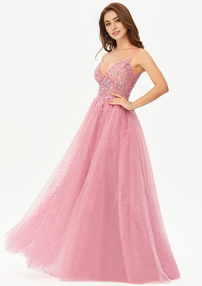 A-line V Neck Sleeveless Tulle Satin Floor-Length Prom Dress