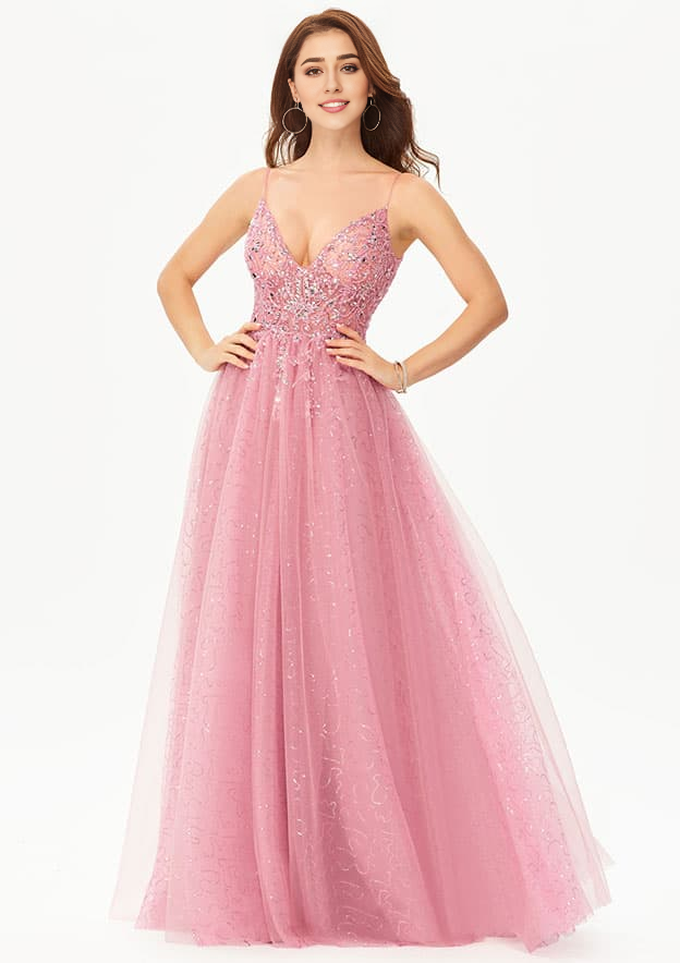 A-line V Neck Sleeveless Tulle Satin Floor-Length Prom Dress