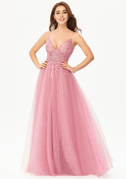 A-line V Neck Sleeveless Tulle Satin Floor-Length Prom Dress