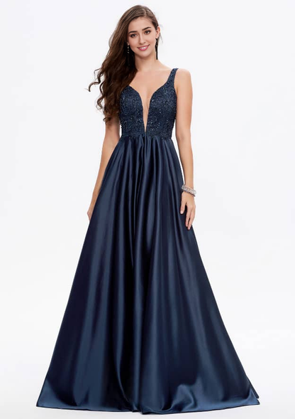 A-line V Neck Sleeveless Long/Floor-Length Satin Prom Dress