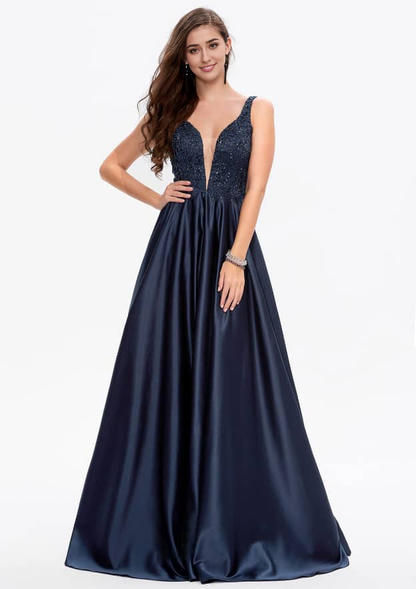 A-line V Neck Sleeveless Long/Floor-Length Satin Prom Dress