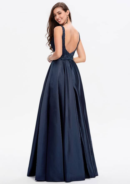 A-line V Neck Sleeveless Long/Floor-Length Satin Prom Dress
