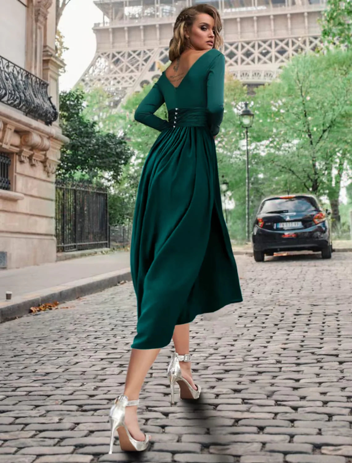 A-Line Cocktail Dresses Empire Dress Formal Tea Length Long Sleeve Cowl Neck Chiffon with Buttons Pleats