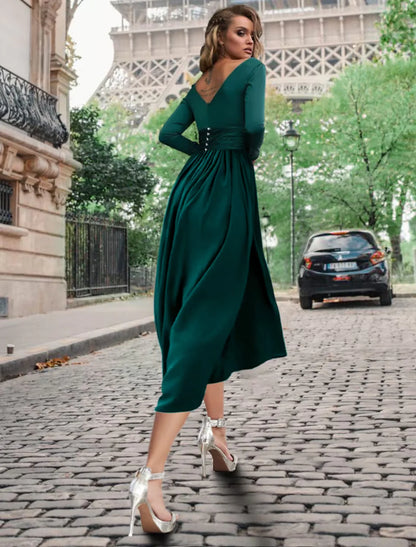 A-Line Cocktail Dresses Empire Dress Formal Tea Length Long Sleeve Cowl Neck Chiffon with Buttons Pleats
