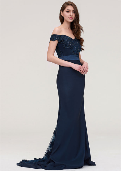 Trumpet/Mermaid Off-the-Shoulder Sleeveless Sweep Train Satin Prom Dress