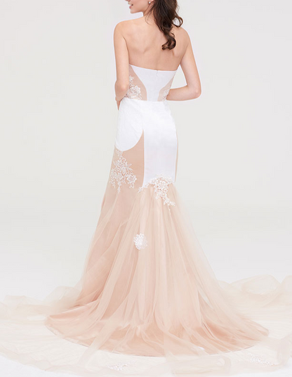 Sweetheart Sleeveless Chapel Train Tulle Prom Dress With Lace Appliqued