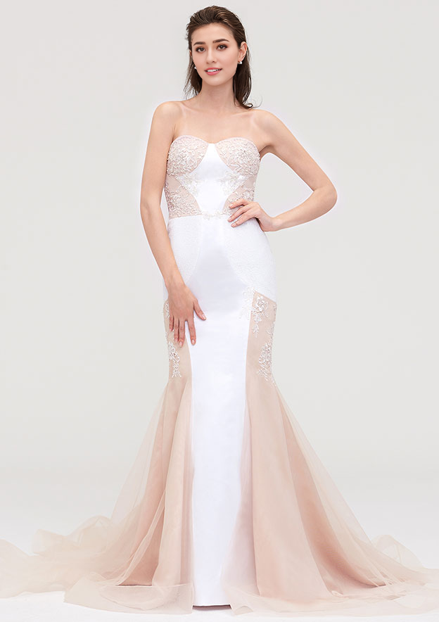 Sweetheart Sleeveless Chapel Train Tulle Prom Dress With Lace Appliqued