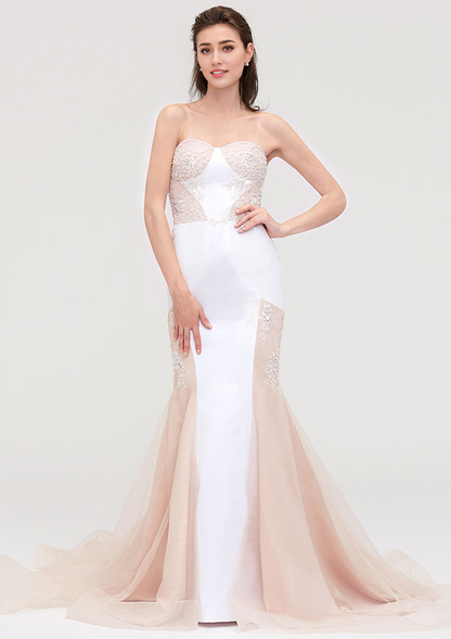 Sweetheart Sleeveless Chapel Train Tulle Prom Dress With Lace Appliqued