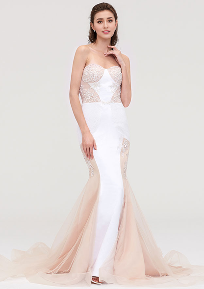 Sweetheart Sleeveless Chapel Train Tulle Prom Dress With Lace Appliqued