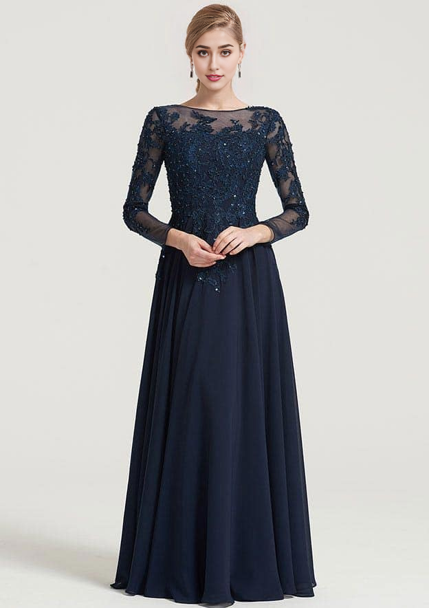 A-line/Princess 3/4 Sleeve Long/Floor-Length Chiffon Dress With Appliqued