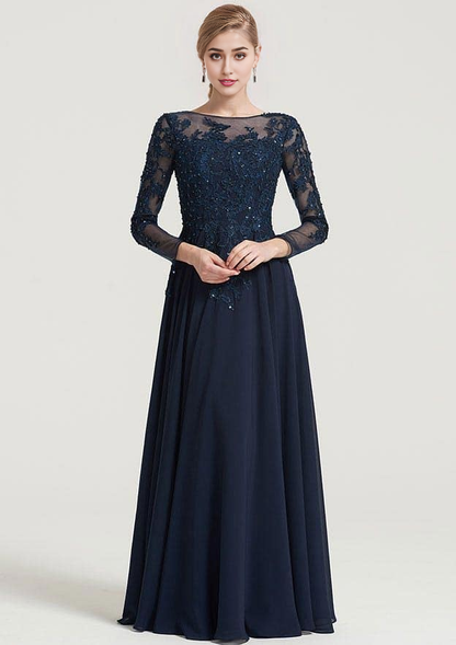 A-line/Princess 3/4 Sleeve Long/Floor-Length Chiffon Dress With Appliqued