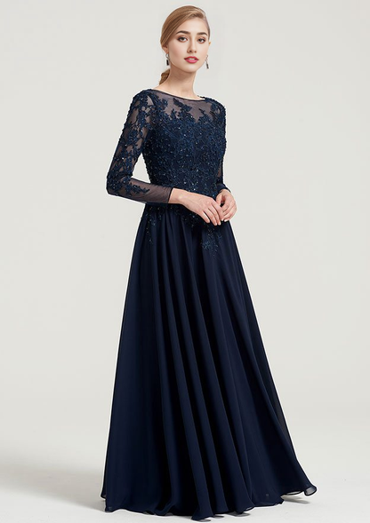 A-line/Princess 3/4 Sleeve Long/Floor-Length Chiffon Dress With Appliqued
