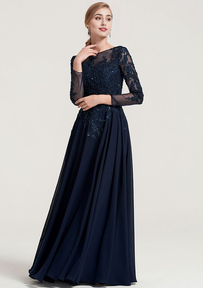 A-line/Princess 3/4 Sleeve Long/Floor-Length Chiffon Dress With Appliqued