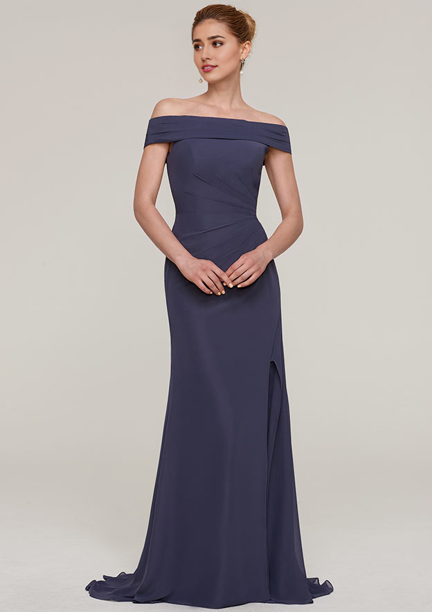 Sheath/Column Off-the-Shoulder Sleeveless Sweep Train Chiffon Prom Dress