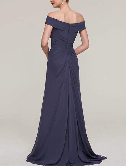 Sheath/Column Off-the-Shoulder Sleeveless Sweep Train Chiffon Prom Dress