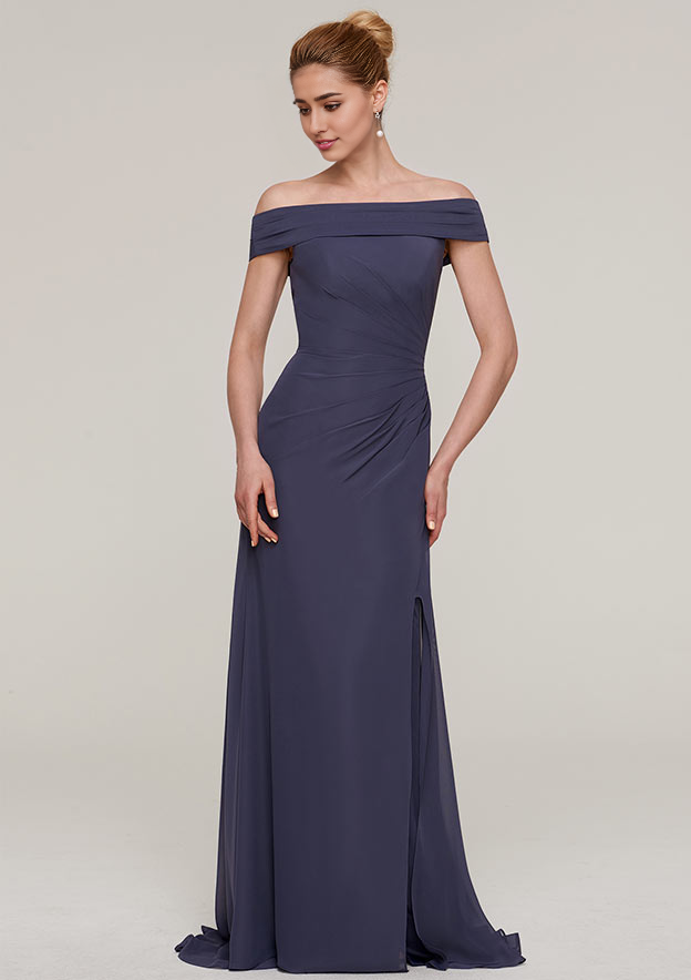 Sheath/Column Off-the-Shoulder Sleeveless Sweep Train Chiffon Prom Dress