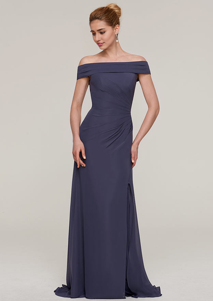 Sheath/Column Off-the-Shoulder Sleeveless Sweep Train Chiffon Prom Dress