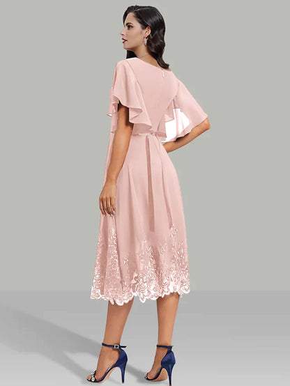 A-Line Wedding Guest Dresses Elegant Dress Cocktail Party Tea Length Short Sleeve V Neck Belt / Sash Chiffon