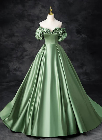 A-line Green Satin Off Shoulder Long Prom Dress