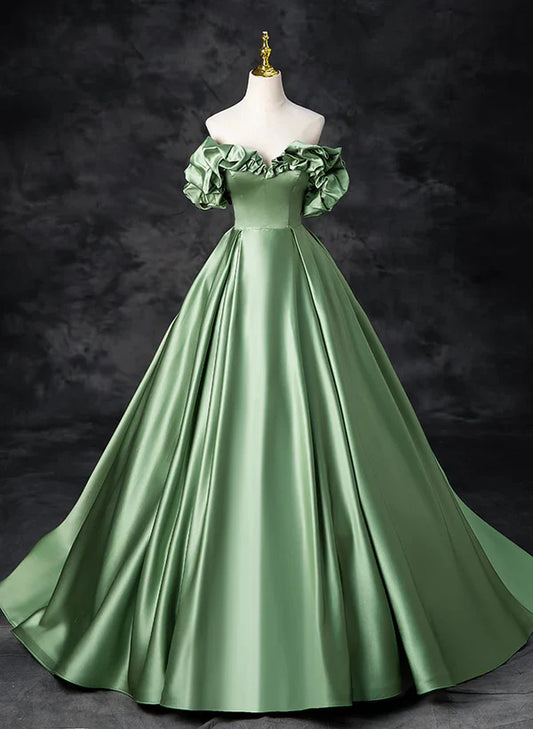 A-line Green Satin Off Shoulder Long Prom Dress