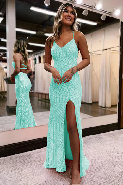 Sequins V-Neck Spaghetti Straps Prom Dress
