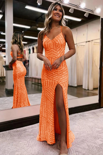 Sequins V-Neck Spaghetti Straps Prom Dress