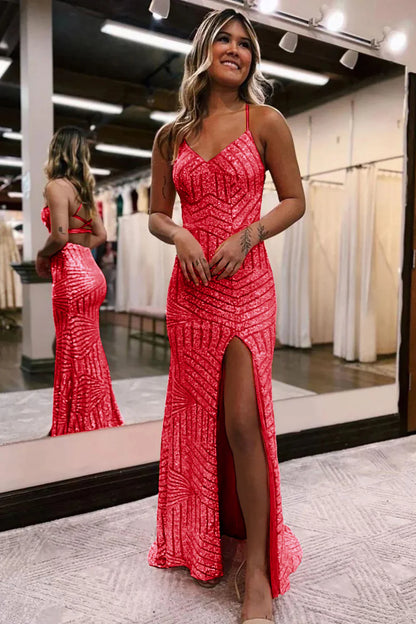 Sequins V-Neck Spaghetti Straps Prom Dress