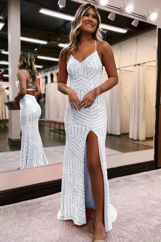 Sequins V-Neck Spaghetti Straps Prom Dress