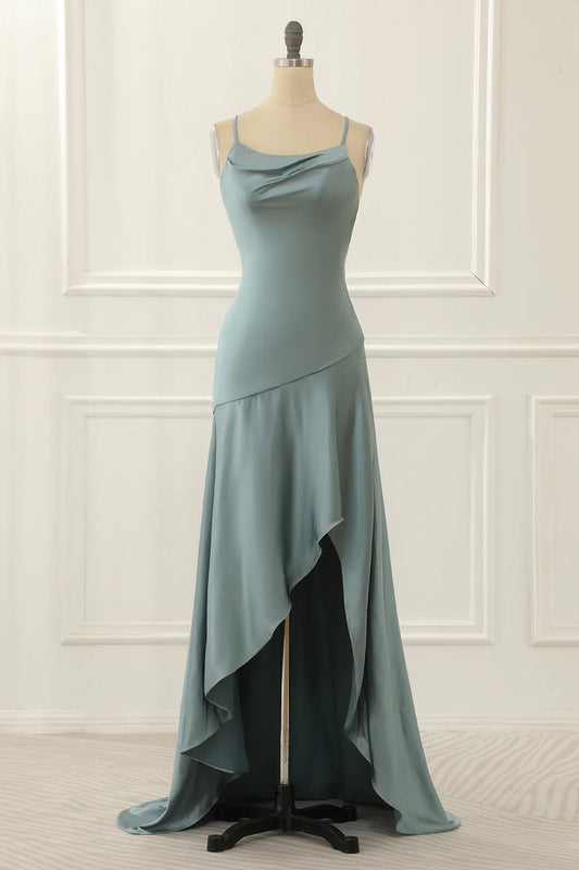 Grey Green Spaghetti Straps Satin High-Low Prom Dress